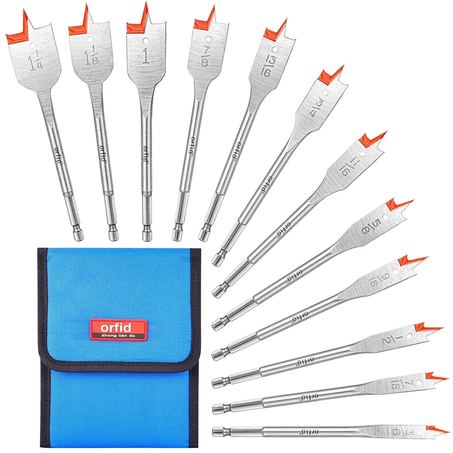 12 Pcs Carbon Steel Spade Drill Bit Set - Quick Change Shank Carbon Steel Paddle Flat Bit for Woodworking Hole Cutting, with Portable Nylon Storage Pouch