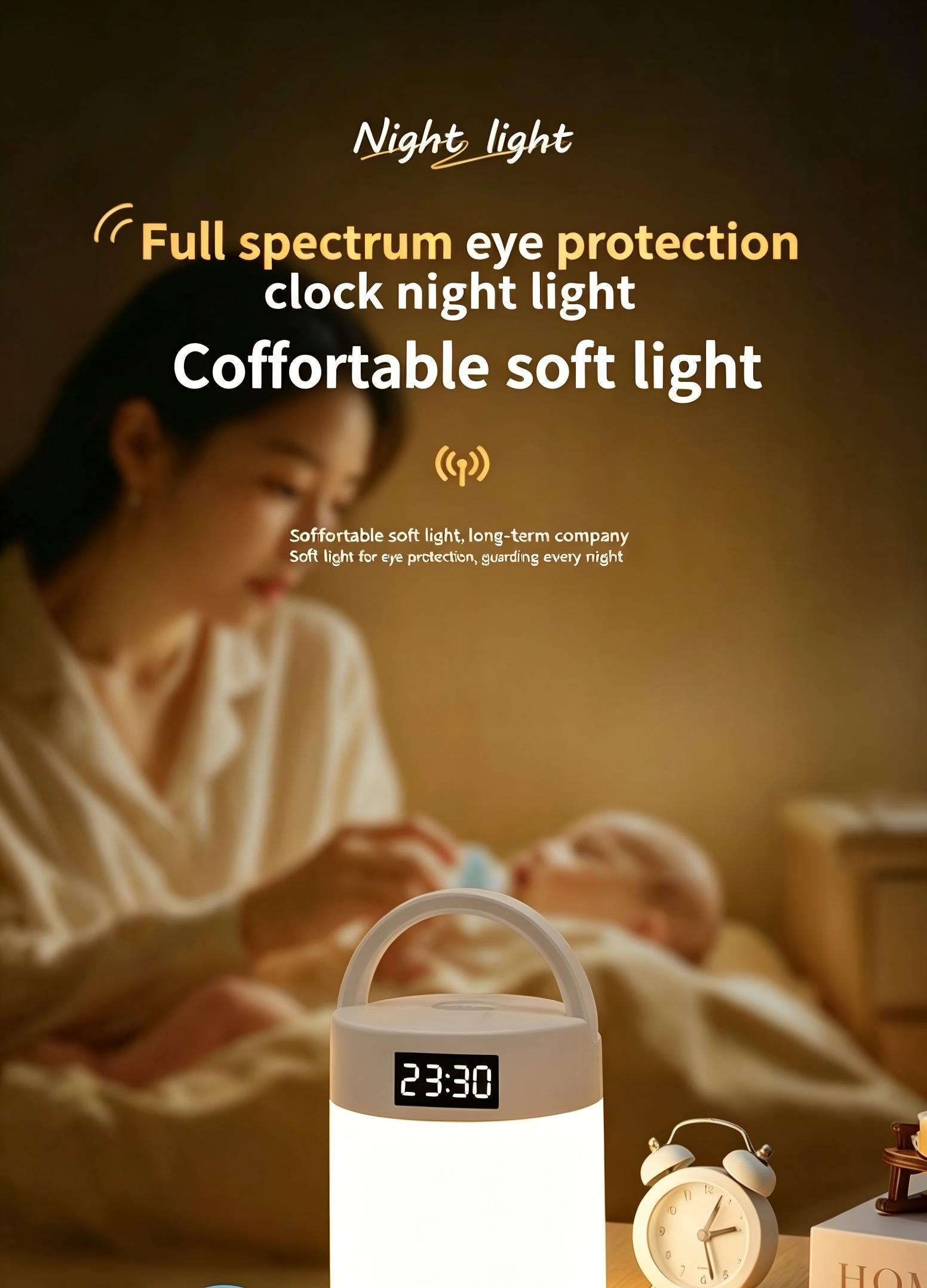 clock night light, bedroom lamp, touch-sensitive bedside lamp, baby feeding lamp, eye-friendly night light, portable rechargeable night light, essential for a newborn’s nursery