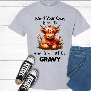 Mind Your Own Biscuits Cow T-shirt - Adorable, Casual Short Sleeve Graphic, Comfortable  - Streetwear, Womenswear, Women's Fit Tee