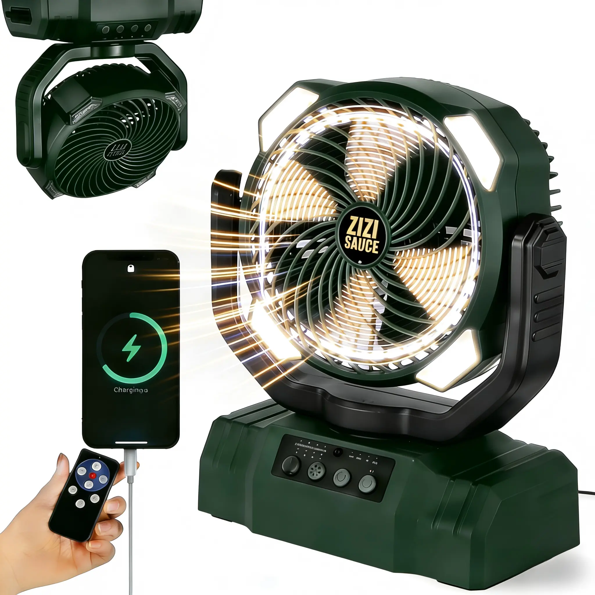 ZIZI SAUCE 3-in-1 Remote-Powered Button-Operated Powerful Multi-Speed Oscillating Portable Camping Fan, LED Light, Power Bank, 3.6m/s Strong Wind, 90° Oscillation, <30dB Quiet, Remote Control, Hanging for Outdoor Camping, Picnic, Remote-Powered Portable F