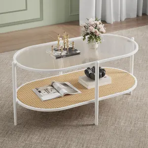 2-Tier Rattan Coffee Table, Boho Oval Coffe Table with Tempered Glass Top, Farmhouse Water-Wave Glass Metal Tea Center Tables Storage Shelf Decor for Living Room Office Home - White