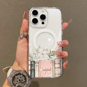 Trendy Magnetic Case for iPhone11/12/13/14/15/16/17/promax, Book Stack with Pink Bow Ultra Slim, MagSafe Support, Shockproof | Playful & Fun Style