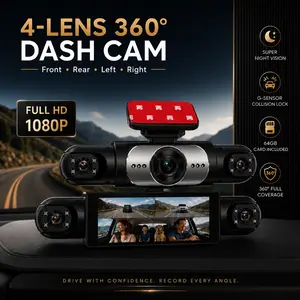 4-Lens 360° WiFi Dash Cam, 1080P Front Rear & Cabin Recording, App Playback & Video Download, Infrared Night Vision, G-Sensor, 64GB Card Included
