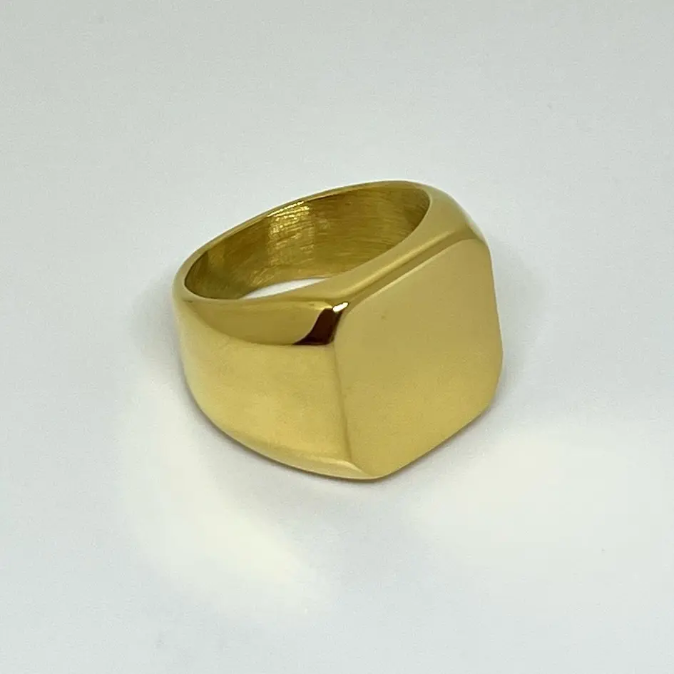 Gold Tone Square Signet Ring – Brushed Stainless Steel Minimalist Statement Ring