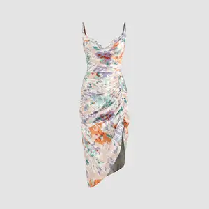 Cider Illusion Floral Ruched Cowl Neck Midi Dress