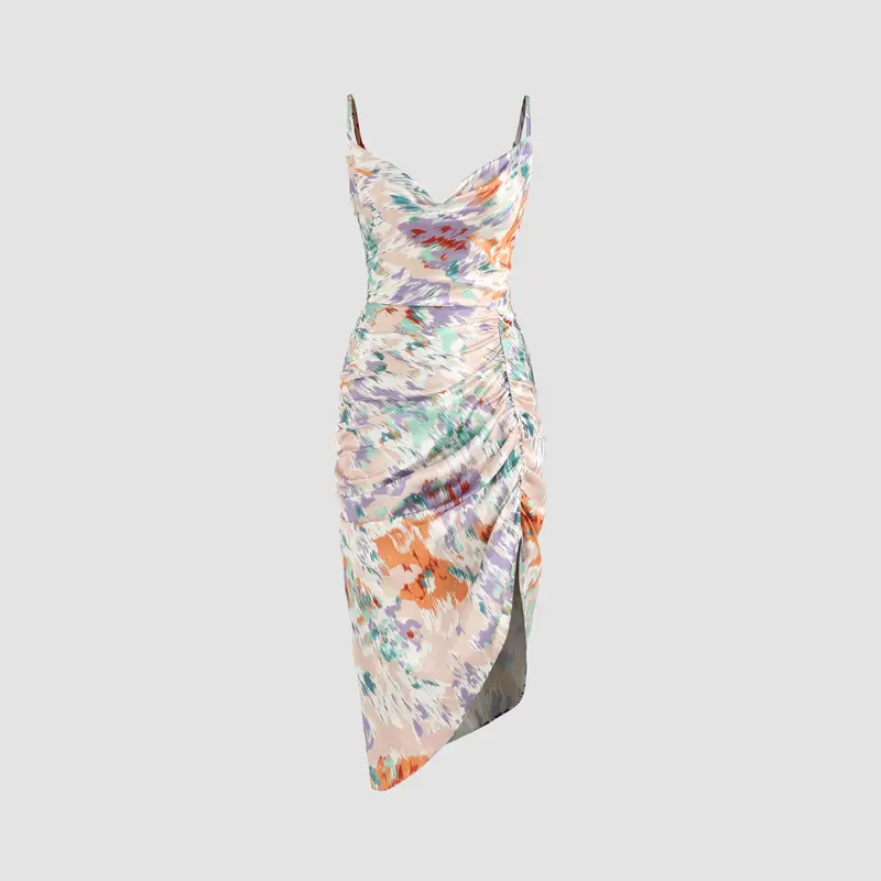 knee length dresses for ladies Draped Neck Dress with Illusion 3D Flowers main image 1