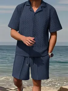 Effortless Stylish Mens 2 Piece Outfit Textured Chevron Shirt and Elastic Waist Shorts for Fashion Enthusiasts and Warm Weather Vacation Looks