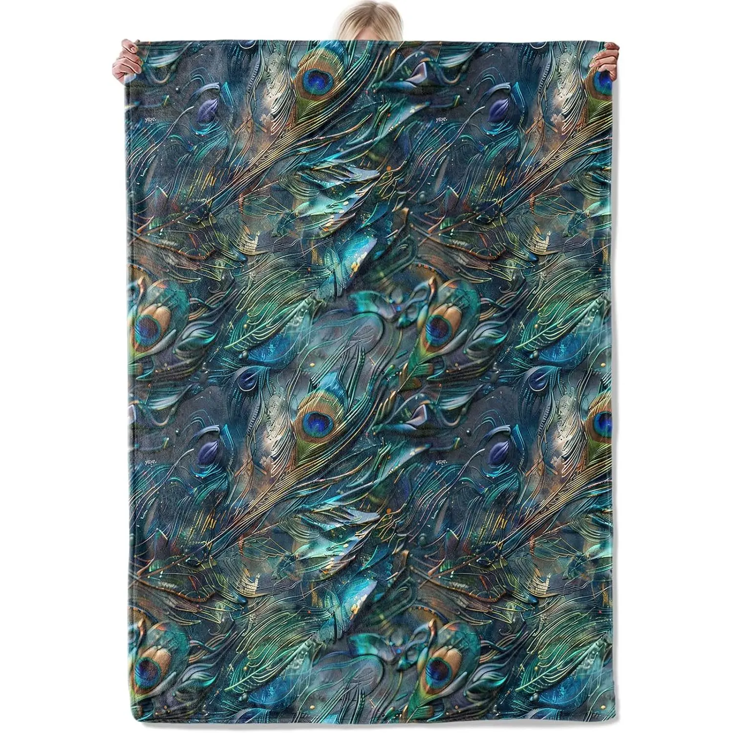 Classic Fade-Resistant Peacock Feather Single-Sided Printing Flannel Throw Blanket - Warm, Lightweight, Soft, Fuzzy - Birthday Gift for Women, Family, Friends for Bedroom, Couch Home Decor