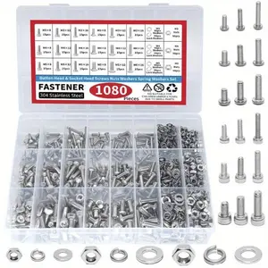 Fastener combination kit, suitable for machine screws of M3, M4, and M5 sizes, including metric screws with round heads and cylindrical heads, nuts, bolts and washers combination kit, equipped with a wrench.