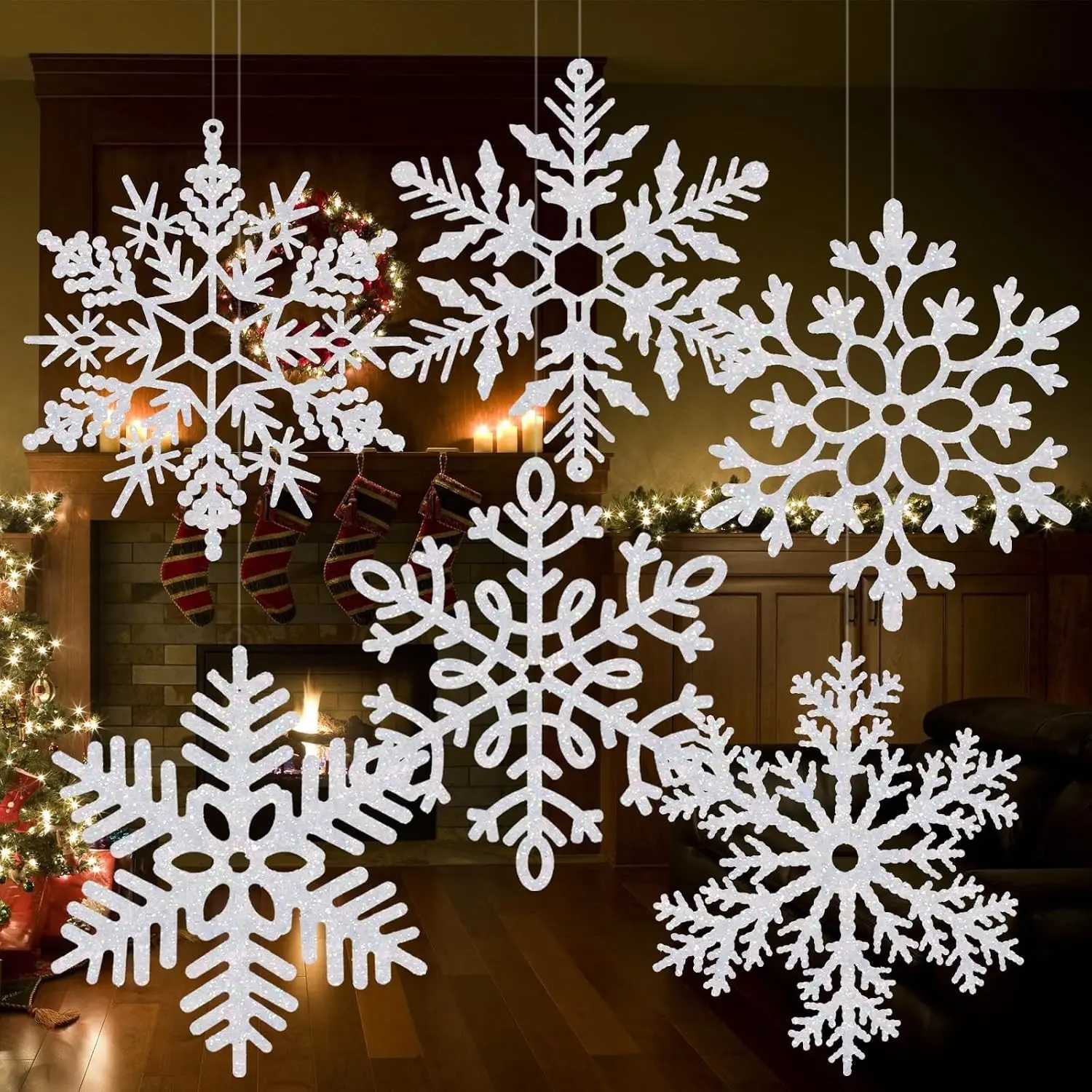 6 Pack 16" Large Glitter Hanging Snowflake Decorations, White | Large white plastic snowflakes for indoor and outdoor Christmas decor, including porches, trees and hanging displays