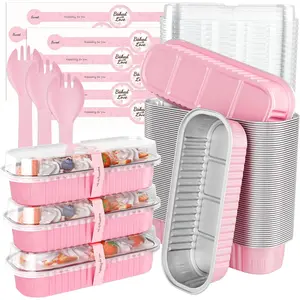 100 Pack Mini Loaf Pans with Lids and Spoons, 6.8oz Mini Cake Pans for Baking, Disposable Rectangle Aluminum Foil Small Loaf Baking Pans Cake Tins, Individual Small Cake Containers with Sticker, Pink
