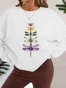 Women's Dragonfly Print Round Neck Sweatshirt, 1 Count Casual Long Sleeve Crew Neck Pullover for Fall & Winter, Women's Clothes for Daily Wear