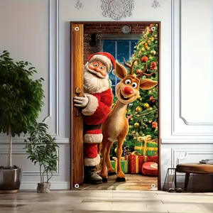 1Pcs Christmas Decoration Door Banner, Santa Claus and Reindeer Door Hanging Decor, Christmas Entrance Hall Welcome Ornament