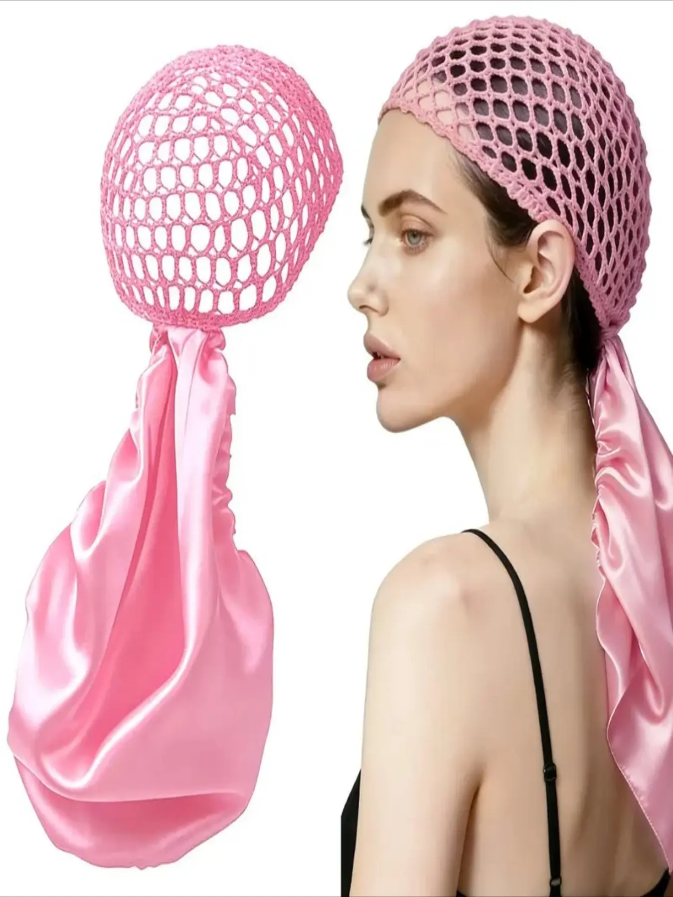 Non-Detachable Satin Hair Care Wrap & Net Duo – Adjustable Band for All Hairstyles, Hair Styling Set, Reversible Satin & Handmade Netting