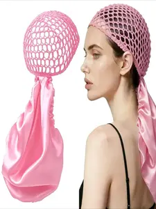 Non-Detachable Satin Hair Wrap & Net Duo – Adjustable Band for All Hairstyles, Hair Styling Set, Reversible Satin & Handmade Netting