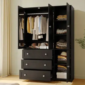 71" Tall Freestanding Wardrobe Closet with Mirror, Large Bedroom Armoire, 3 Drawers & 2 Doors Clothes Storage Organizer Cabinet (White/Black)