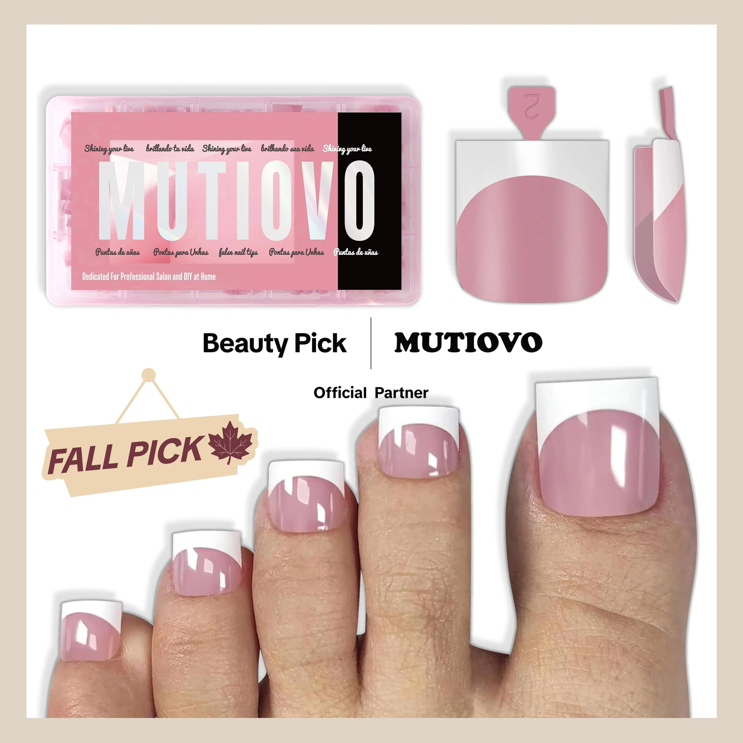 MUTIOVO French Tip Toe Nail Tips Press on, Sharp Square Pre-Designed Soft Gel False Toenail Extension, BERRY PINK Pre-applied Tip Primer & Base Coat, Full Cover Acrylic for DIY x 15 Sizes 240 pcs