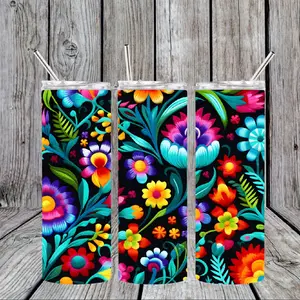 Mexican Floral Embroidery 20oz Skinny Tumbler with Metal Straw
