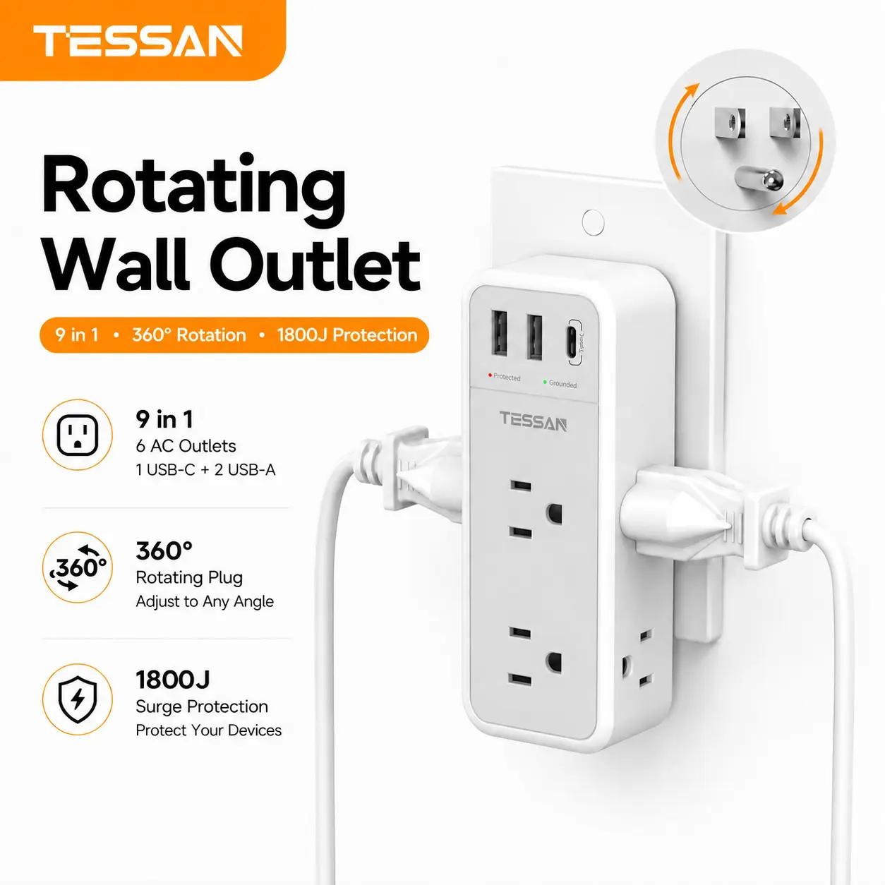 TESSAN Multi Plug Wall Outlet Splitter with 360 Rotating Plug, TESSAN 1800J Surge Protector Outlet Extender with 6 AC and 3 USB Ports (1 USB C), 1875W, 3 Sided Wall Socket Expander for Home Office Dorm Room