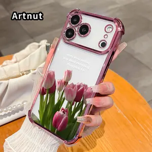 Phone Case for iPhone 17 16 Pro Max 15 Plus 14 13 12 11 E Air Blushing Tulip Grace Pattern Anti-drop Durable Total Protective Shockproof Transparent Cover Casing