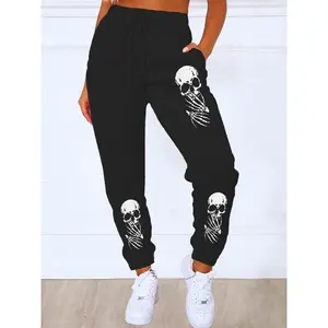 Women's? HallCartoon Skull Print Drawstring Waist Sweatpants, Casual Pocket Jogger Pants for Daily Wear, Ladies Bottoms for All Seasons