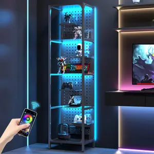 Glass Display Shelf for Collectibles, LED Black Narrow Shelf with Pegboard Steel Frame, Lighted Tall Curio Cabinet, Gifts Boyfriend Multipurpose Use