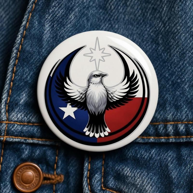 Texas Bird Logo Button Pin – Colorful Star Graphic Badge for Jackets & Bags