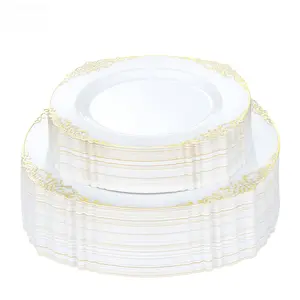 100 PCS White and Gold Plastic Plates for 50 Guests, Gold Disposable Plates Include 50 PCS Dinner Plates, 50 PCS Dessert Plates for Party, Wedding and Graduation