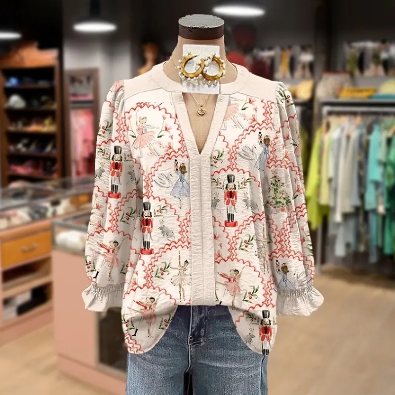 Cherrybetty Christmas Nutcracker Print V-Neck Cuff Sleeve Top Clothes Women Cute Fall Outfits Going Outfits Women's Clothes Western Outfit Women Shirts