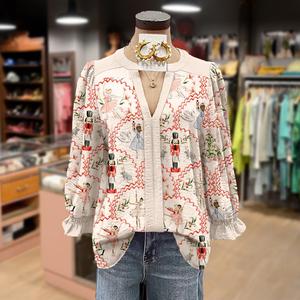 Cherrybetty Christmas Nutcracker Print V-Neck Cuff Sleeve Top  Clothes Women  Cute Fall Outfits  Going Outfits Women's Clothes Western Outfit Women  Shirts