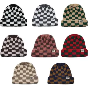 Trendy Women's Checkered Knit Beanie - Cozy Stretchy Winter Hat for Street Style, Perfect Warm Accessory for Cold Weather Adventures & Outdoor Fun