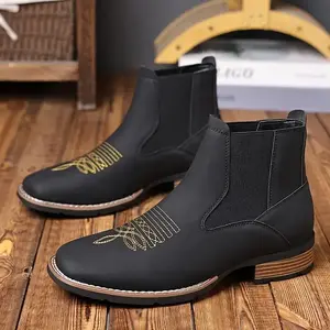 Men's Slip-On Chelsea Boots with Golden Embroidery - British Retro Style Ankle Boots, Elastic Sides & Rubber Sole for Casual, Party, Autumn Winter Wear, Autumn Boots |       Elegant Ankle Boots |       Boots Black Boy Walking Shoes Footwear