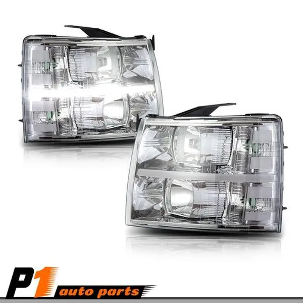 Chrome/Clear Corner LED Headlights - DRL Car Light, Automotive Replacement Lamp for 07-14 Chevy Silverado, Cars Accessories