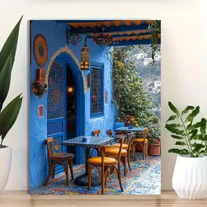 1pc Framed 12x16 Inch Moroccan Wall Art Canvas Print - Vibrant Arab Blue Doors & Outdoor Cafe Scene with Intricate Patterns, High-Quality Canvas Painting for Living Room, Bedroom, Office Decor, 2D Flat, Perfect for Room Decor	