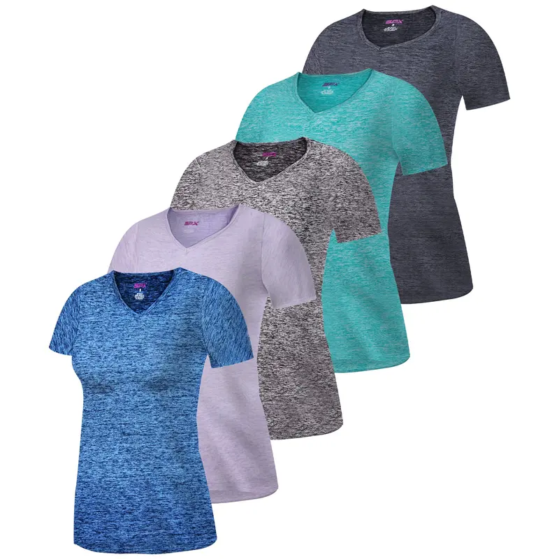 SPXTREME [5 Pack] Workout Tops for Women – Short Sleeve V-Neck Dry-Fit Moisture-Wicking Activewear Lightweight & Breathable T-Shirts for Gym, Yoga, Running, Training & Fitness. Women’s Athletic Shirts Available in Plus Size S–4XL