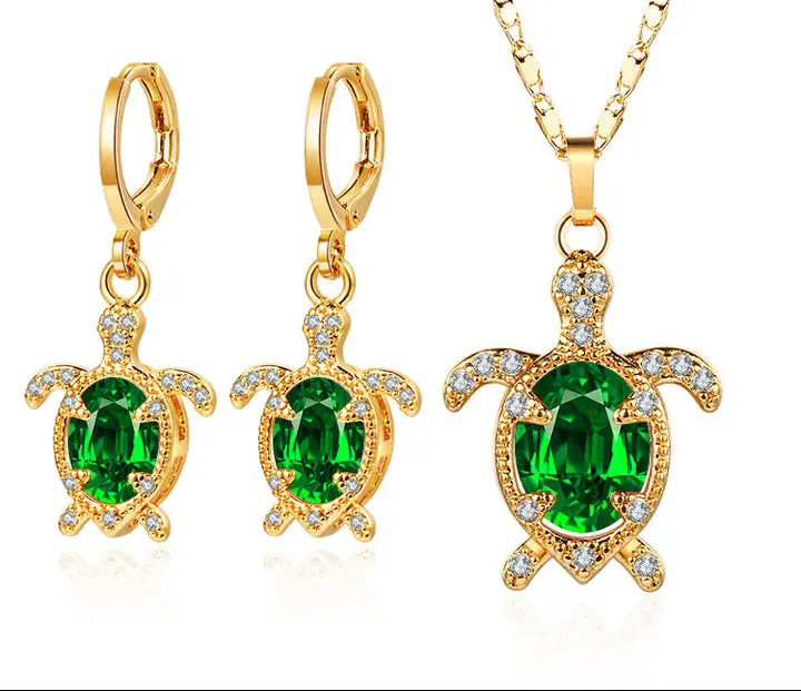 18K Gold Plated Cute Turtle Cubic Zirconia Necklace & Earrings Jewelry Set