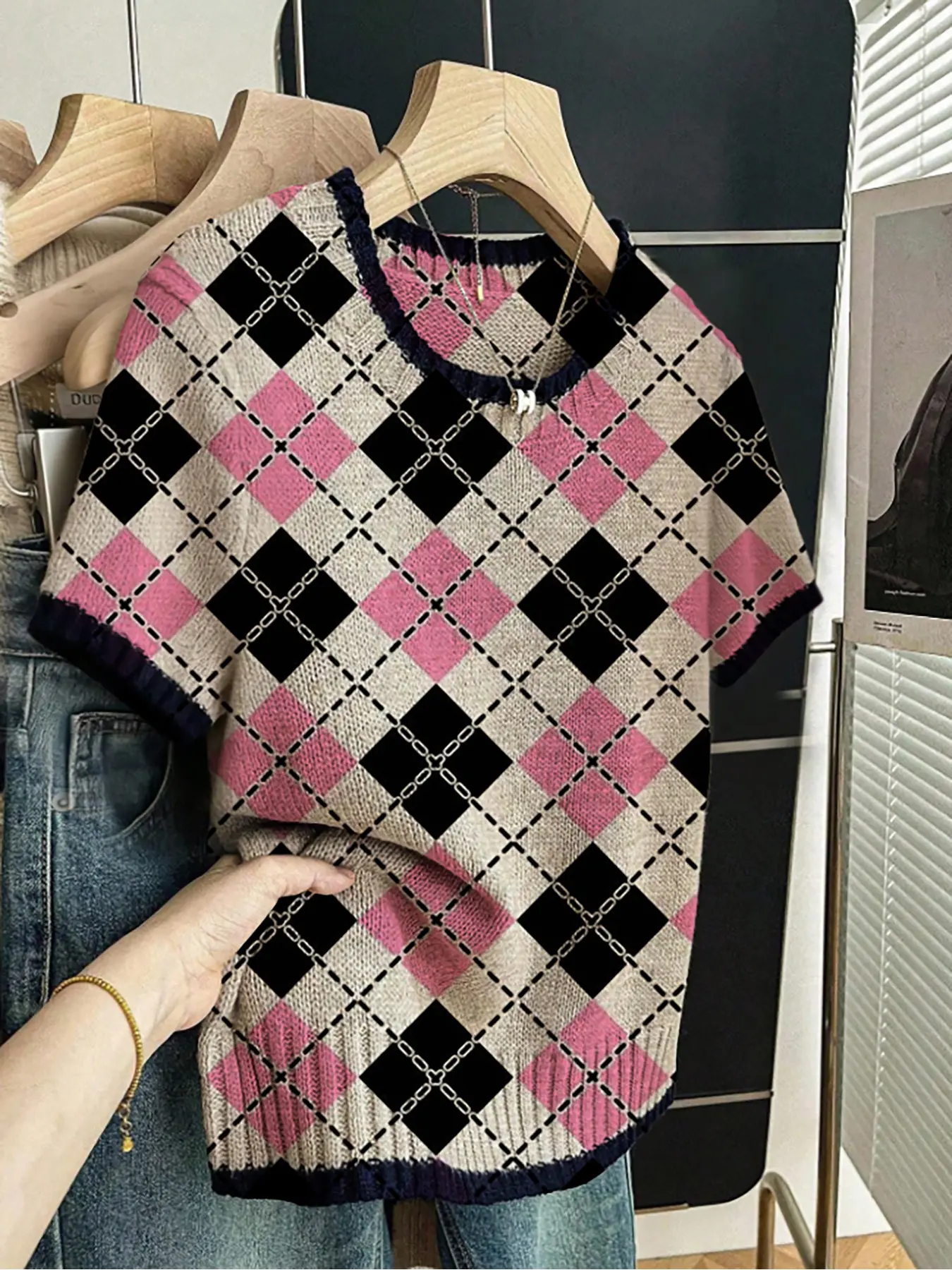 Women's Plaid Colorblock Geometric Print Round Neck Sweater Top, Casual Aesthetic Short Sleeve Knitwear for Spring Summer Fall, Comfortable Warm Daily Wear Womenswear, Knit Sweater Tops, Casual Elegant Knitwear
