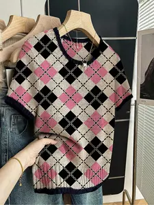 Women's Plaid Colorblock Print Round Neck Sweater, Casual Short Sleeve Knitwear for Spring Summer Fall, Comfortable Warm Daily Wear
