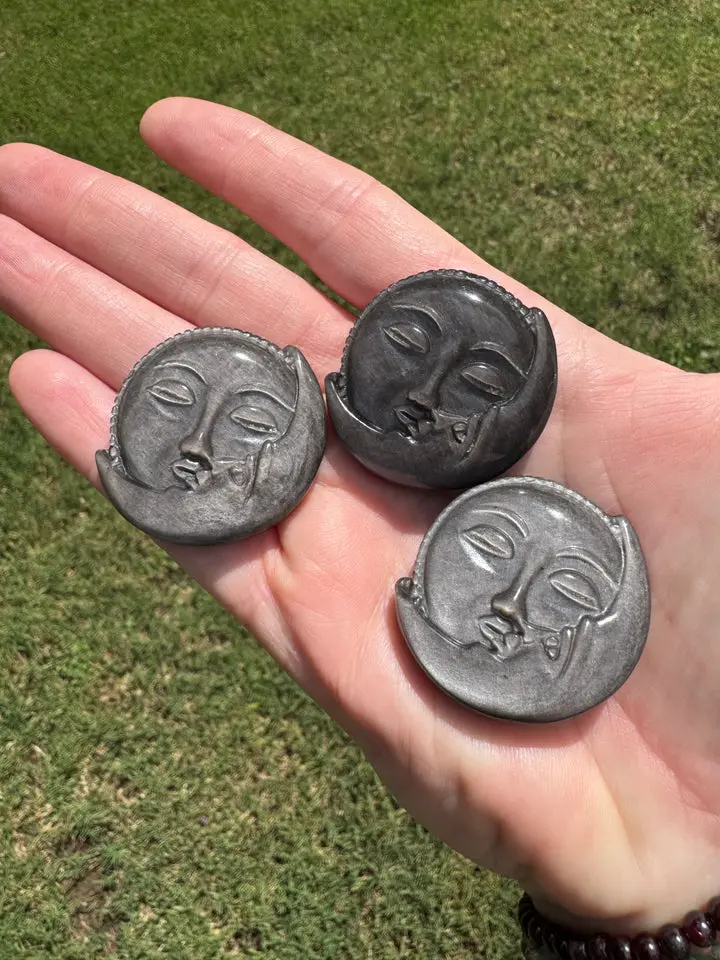Silver Sheen Obsidian Moon/Sun Face 1.6” Crystal Stone