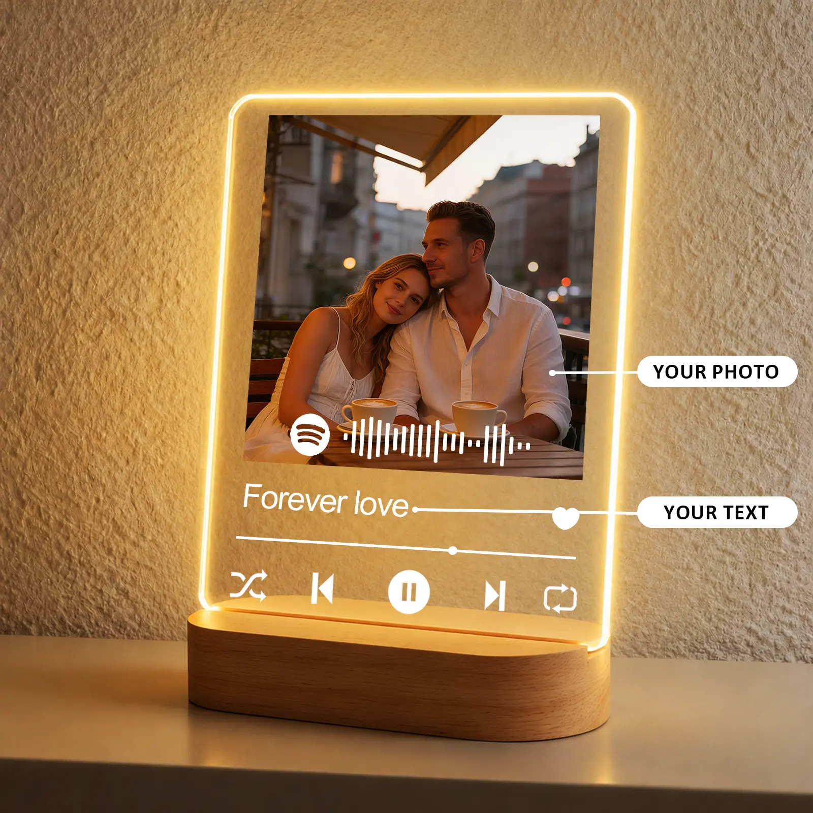 [HKZZ.Made] Custom Spotify Music Acrylic Plaque, 4/5/6/8 Inch Straight Beech Wood Base, Multiple Light & Bluetooth Speaker Options, Personalized LED Photo Frame, Perfect Gift for Valentine, Anniversary, Birthday, Graduation & Special Memories, Wooden, Dec