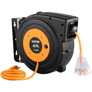 Retractable Extension Cord Reel, 45 FT Heavy Duty Power Cord, 12AWG/3C SJTOW, 3 Grounded Outlets Lighted Triple Tap for Ceiling/Wall Mount, 15 Amp Circuit Breaker, UL Listed, Black