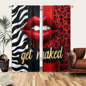 2pcs Window Curtains, Room Decor Curtain, Stylized red dripping lips with white teeth against a striking background of zebra, leopard print, Gold "get naked" text below, Window Drapes for Bedroom Living Room, Rod Pocket Window Treatment