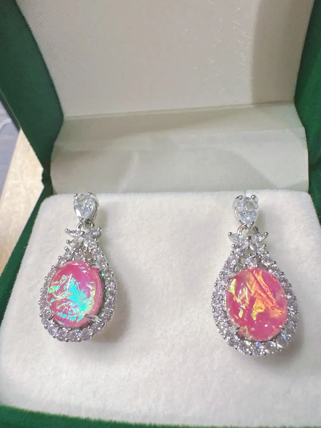 Evelyn(9652)gc.Man-made pink opal copper earrings $7/pc （The earrings only – no fancy box included）