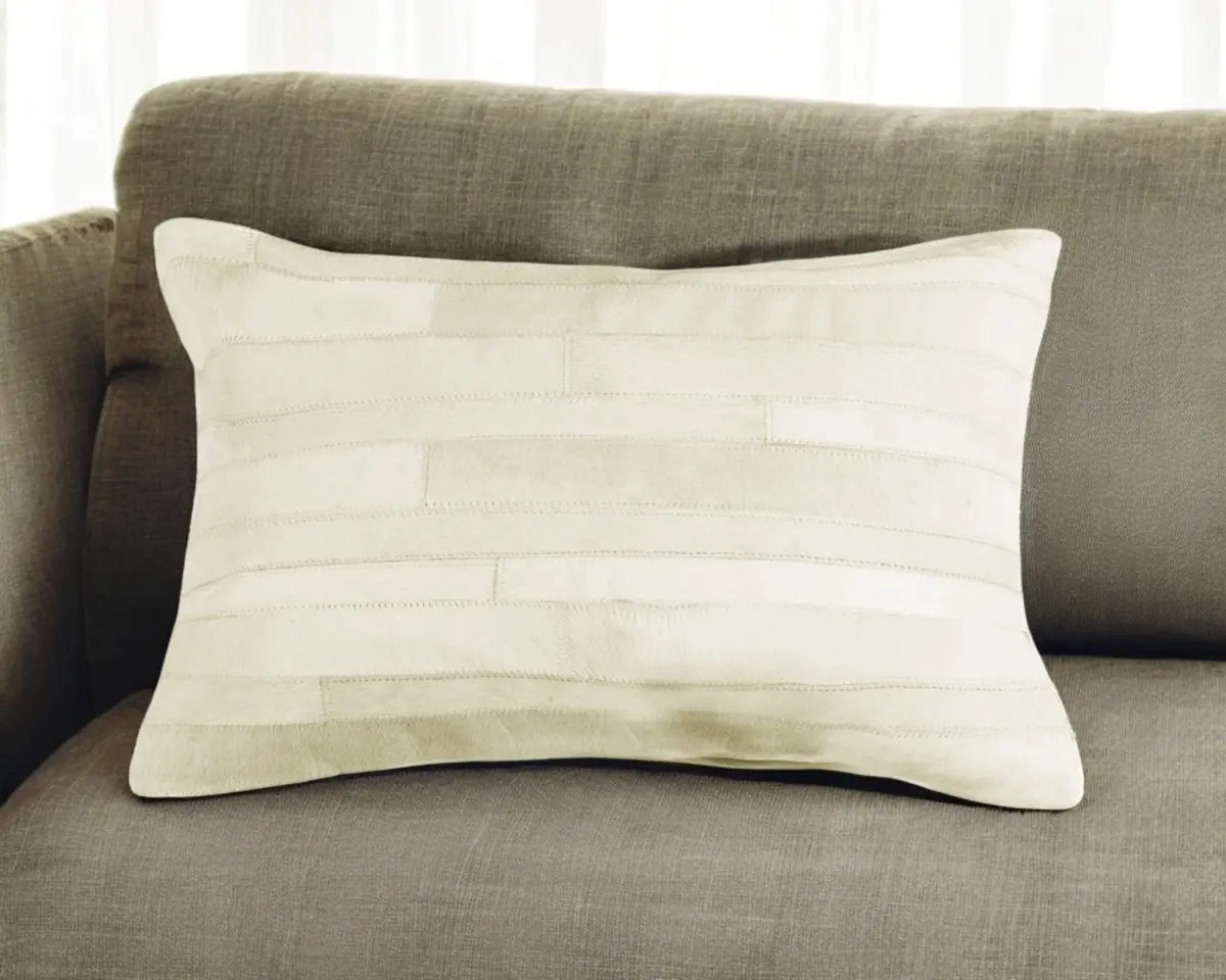 HomeRoots 544626 12 x 20 in. Off White Patchwork Cowhide Lumbar Throw Pillow