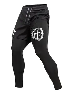Men's Thorns Cross Print Sporty 2 in 1 Compression Pants, Spring & Fall Gym Workout Fitness Tights Leggings, Running Fitness Trousers with Phone Pocket, Zipper Pocket, Towel Loop, Athletic Running Quick Dry Baselayer Activewear