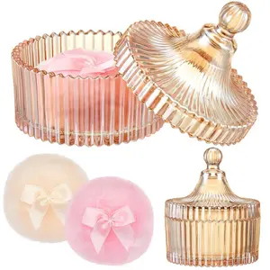 3 Pcs Large Body Glam Powder Puff & Container 2 Extra Large Puffs Glass Case for Dust Applicator Face & Body Makeup Gift Set Valentine gifts storage organization organizer storage Powder Box