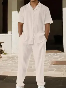 Men's Casual Summer Suit Set, Cuban Collar Short Sleeve Shirt & Wide Leg Pants Two-Piece, Loose-Fitting Solid Blouse, Outfit, Menswear