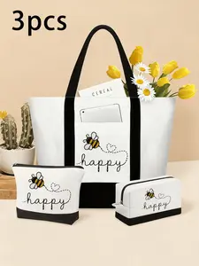 Cute Bee Canvas Handbag, Shoulder Bag, Makeup Bag, Travel Storage Bag, Large Capacity, Perfect for Outdoors, Weddings, Birthdays, Beaches