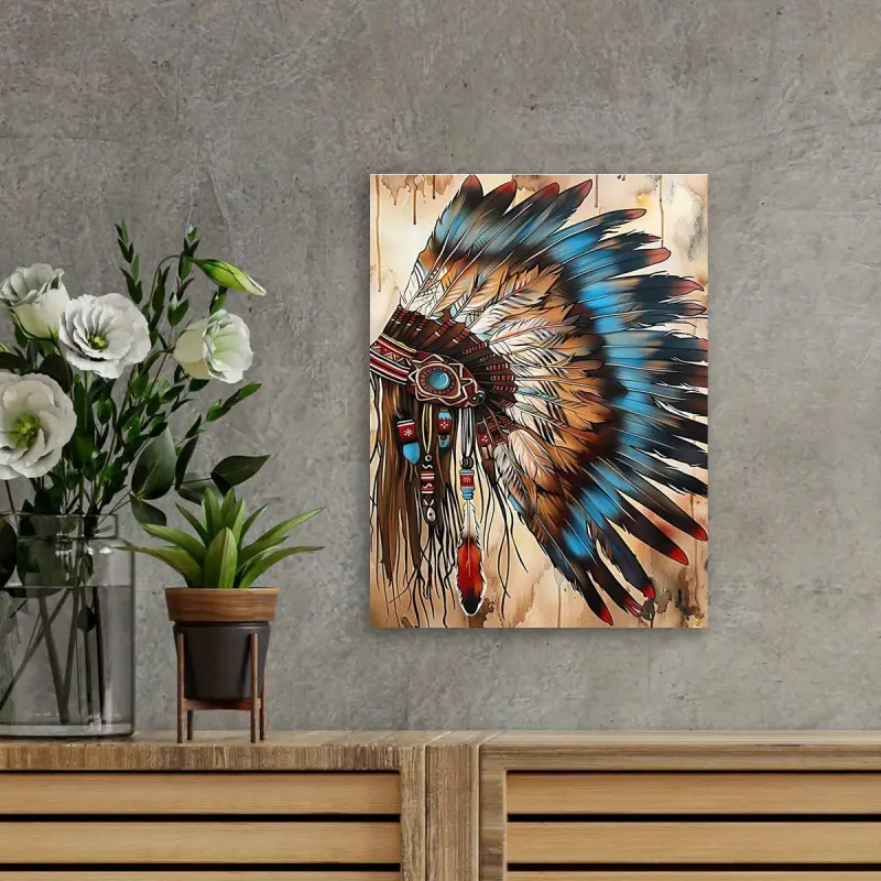 Waterproof Native American Headdress Canvas Painting - Indian Feather Decoration, Wooden Frame 16"x24" Suitable for Home and Party Decoration, Perfect Room Decor - Edged Canvas