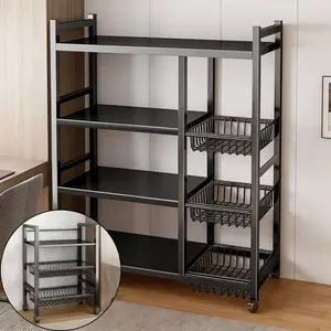 Movable Storage Rack, Adjustable 4-storey Kitchen Shelf With 3 Wire Baskets, Kitchen Organizer And Storage, Metal Shelf Rack With Wheels, Suitable For Garage, Pantry, Bathroom, Closet, Warm House Gift, New Home, Standing Shelf